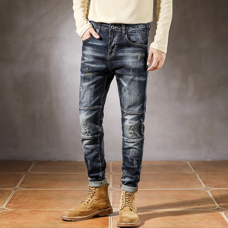 Ripped Jeans For Men Dark Blue Stretch Slim Fit Distressed Patchwork Hip Hop Streetwear Frayed Casual Man Denim Pants Punk Style
Ripped Jeans For Men Dark Blue Stretch Slim Fit Distressed Patchwork Hip Hop Streetwear Frayed Casual Man Denim Pants Punk Style