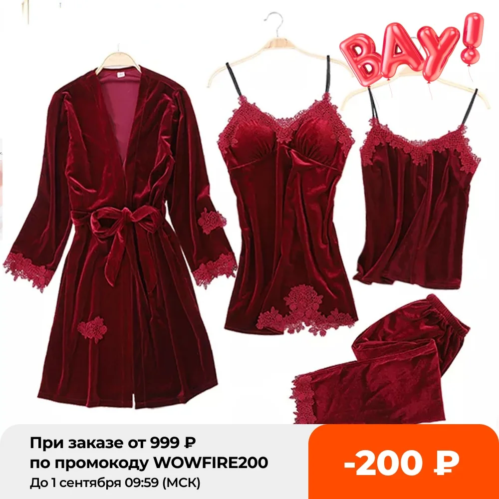 Women Winter Velvet 4 Piece Sexy Pajamas Set Dressing Gown Lace Sling Shorts Warm Robe Sleepwear
Women Winter Velvet 4 Piece Sexy Pajamas Set Dressing Gown Lace Sling Shorts Warm Robe Sleepwear