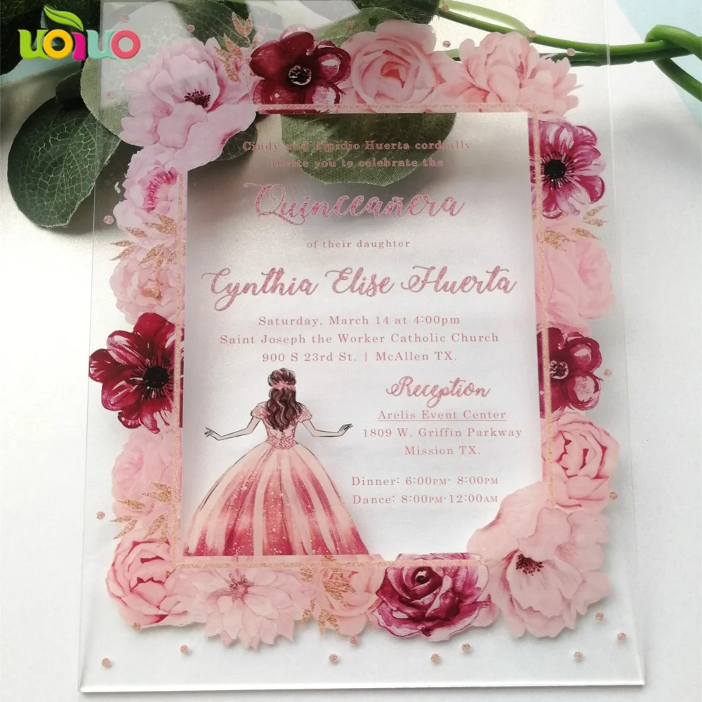 Acrylic card with colorful printing flower Quinceanera invitation card, acrylic print custom wordings birthday invitation card
Acrylic card with colorful printing flower Quinceanera invitation card, acrylic print custom wordings birthday invitation card