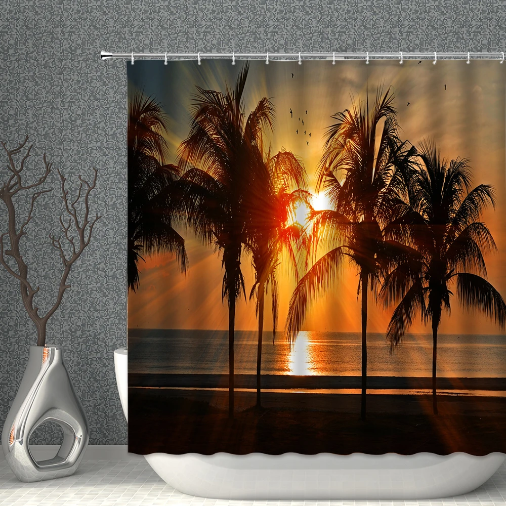 

Sunny Beach Shower Curtain Sunset Dusk Ocean Scenery Coconut Tree Palm Pattern Waterproof Bathroom Screen With Hooks Decoration