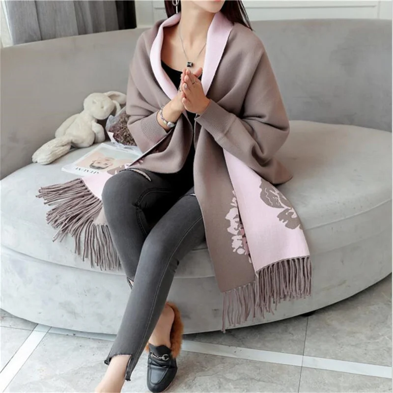 

Cardigan Poncho Women Sweater 2021 Korean Loose Bat Sleeve Female Cape Coat Autumn Winter New Tassel Knitwear Cloak Jersey Mujer