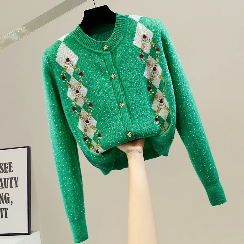 Fashion Retro Embroidered Knitted Cardigan for Women Coats Diamond Short Slim Autumn/Winter Single-Breasted Sweater Green Top
Fashion Retro Embroidered Knitted Cardigan for Women Coats Diamond Short Slim Autumn/Winter Single-Breasted Sweater Green Top