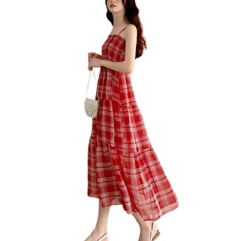 Women's Plaid Sling Chiffon Long Dress Summer Waist Skirt Ladies Dresses