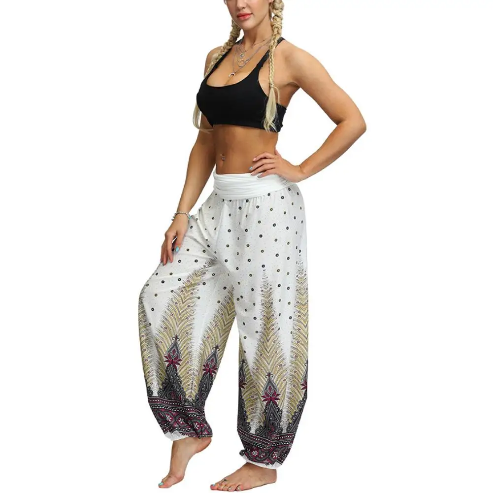 Bohemian Woman Pants Feather/Flower Print Elastic Waist Wide Leg Pants Women Loose Baggy Harem Pants Trousers Pantalon Femme 
Bohemian Woman Pants Feather/Flower Print Elastic Waist Wide Leg Pants Women Loose Baggy Harem Pants Trousers Pantalon Femme