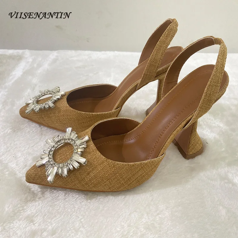 Crystal Sunflower Pointed Toe Slingback Ladies High Heel Sandals Multi-color Elegant Thick Heel Designer Single Shoes Pumps 
Crystal Sunflower Pointed Toe Slingback Ladies High Heel Sandals Multi-color Elegant Thick Heel Designer Single Shoes Pumps