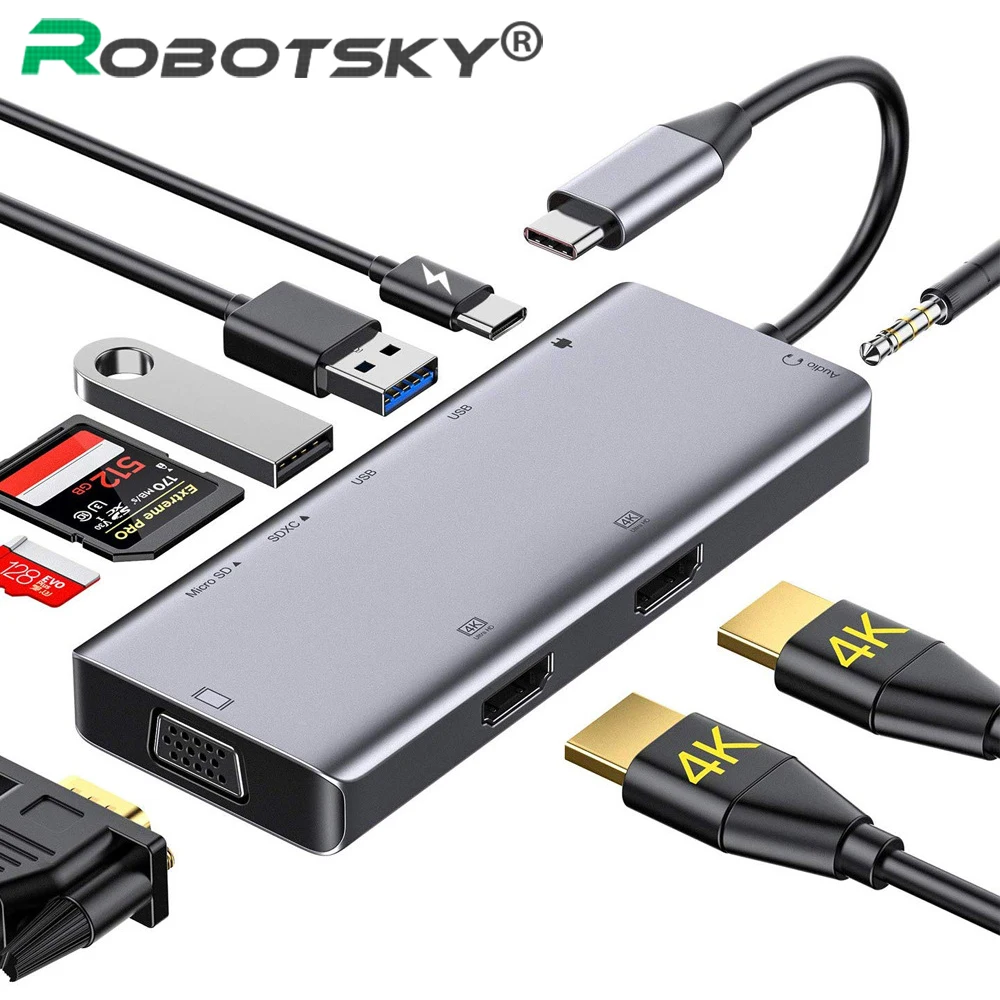 Dual HDMI-compatible Hub Type C Multi USB 3.0 HUB Adapter For Macbook Pro In 1 Dock Station USB C To VAG 3.5mm Splitter Hub
Dual HDMI-compatible Hub Type C Multi USB 3.0 HUB Adapter For Macbook Pro In 1 Dock Station USB C To VAG 3.5mm Splitter Hub