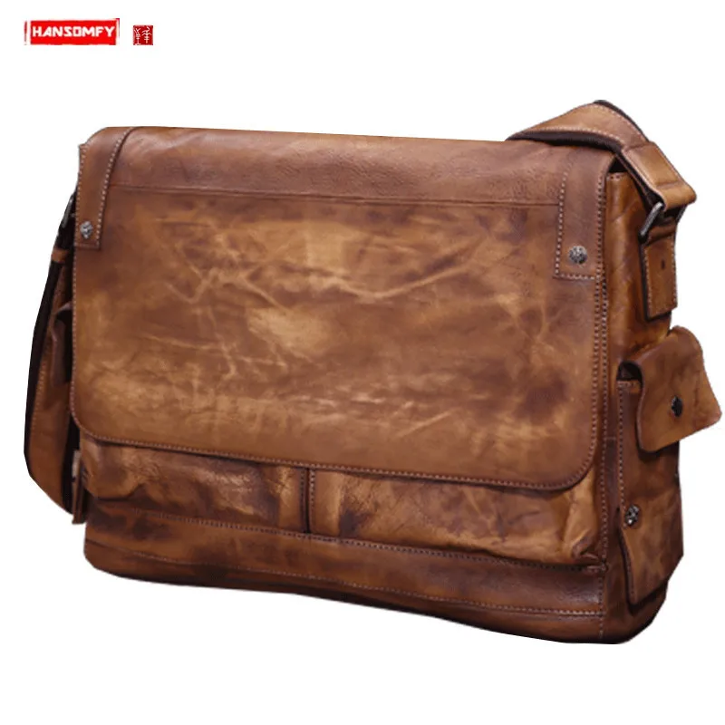 

Business Genuine Leather Laptop Bag Men's Briefcase Men Shoulder Bag Retro Messenger Bags Vegetable Tanned Cowhide 2022 New Male