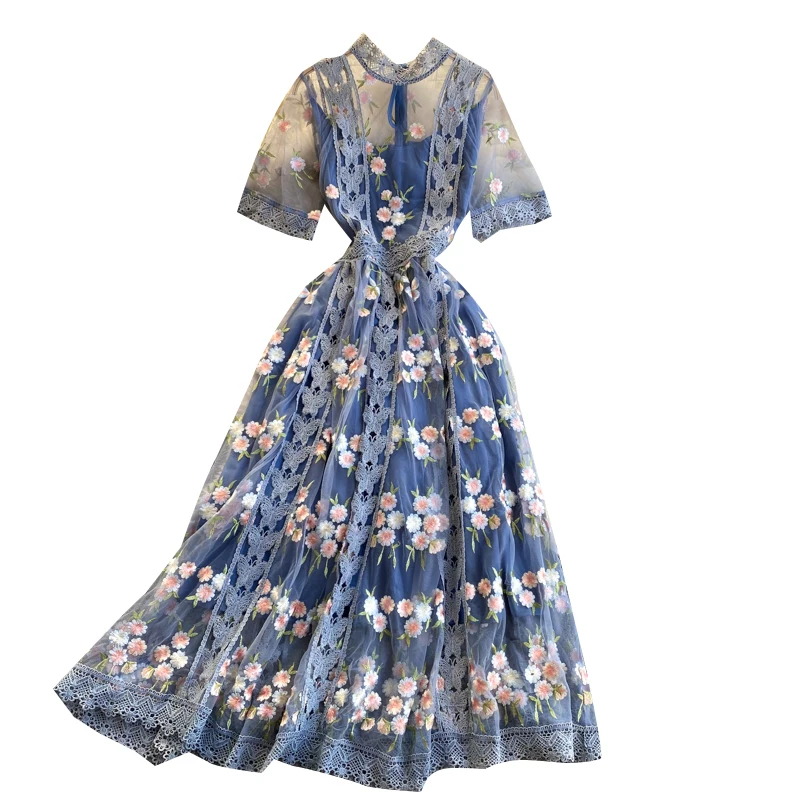 love white gauze dress round collar short sleeve embroidery hook flower cultivate morality show thin high-end