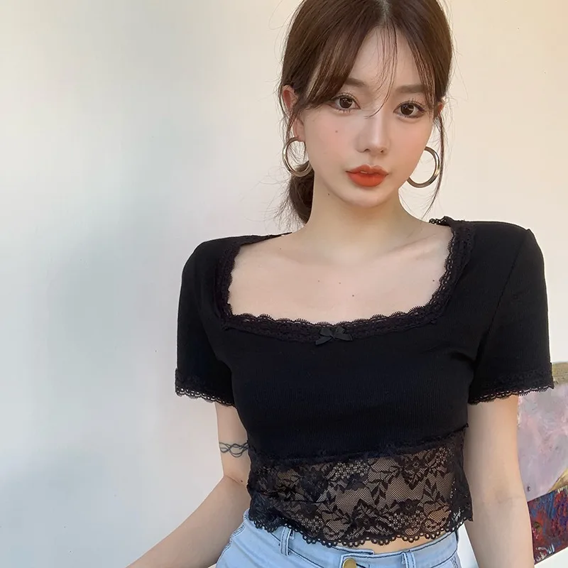 Fashion Lace Stitching T Shirts for Women Square Neck Slim Short Knit T-Shirts Summer Short Sleeve Casual Tops
Fashion Lace Stitching T Shirts for Women Square Neck Slim Short Knit T-Shirts Summer Short Sleeve Casual Tops