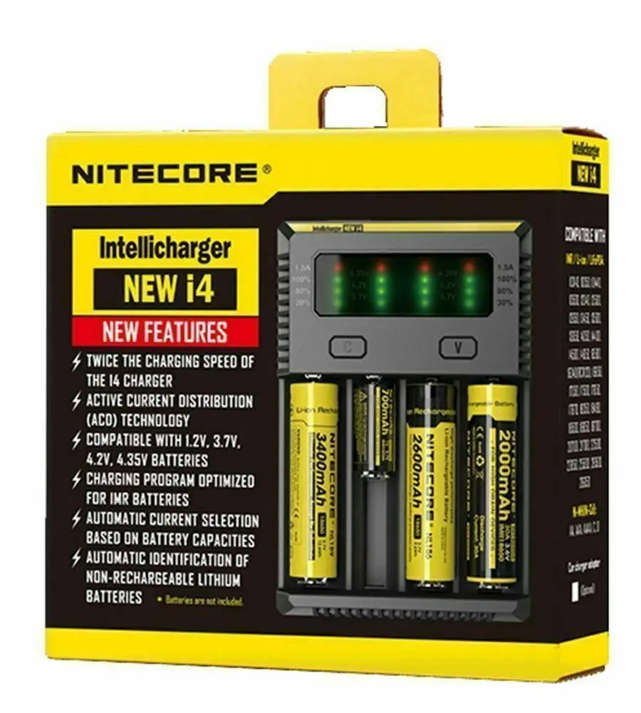 Фото Оригинальное зарядное устройство Nitecore I4 18650 14500 16340 26650 ЖК Li ion 12 В для батарей AA