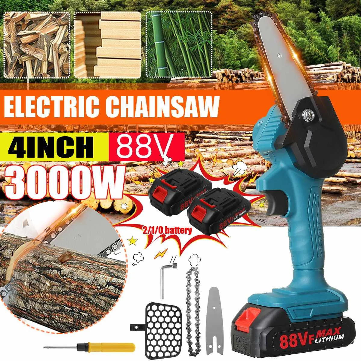 88Vf Mini Electric Saw 4 Inch 3000W Chainsaw For Fruit Tree Woodworking Garden Tool Hand Held Wood Cutter W/ 1/2 Lithium Battery
88Vf Mini Electric Saw 4 Inch 3000W Chainsaw For Fruit Tree Woodworking Garden Tool Hand Held Wood Cutter W/ 1/2 Lithium Battery