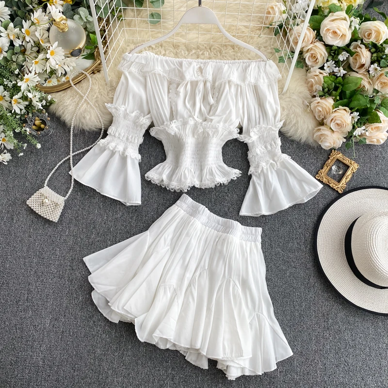 2020 Spring Summer Long Flare Sleeve Slash Neck Slim Tops Short Mini Pleated Skirt Women Two Piece Set Outfits
2020 Spring Summer Long Flare Sleeve Slash Neck Slim Tops Short Mini Pleated Skirt Women Two Piece Set Outfits