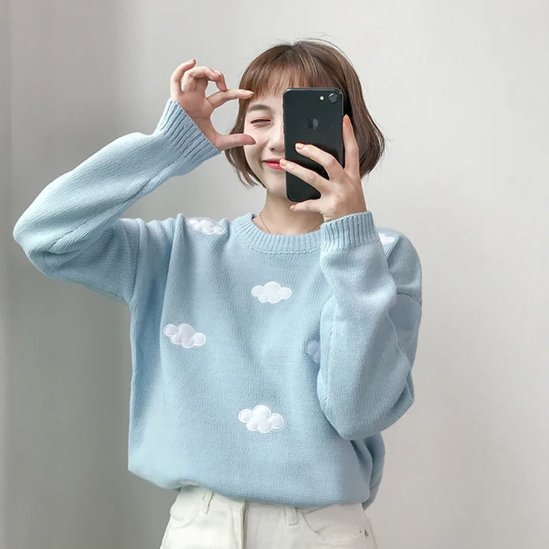 Женский каваи Винтаж колледж свободные облака свитер женский зимний Корейский