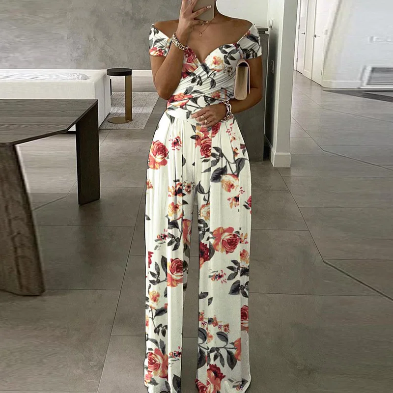 Vintage Floral Print Wide Leg Jumpsuit Casual Short Sleeve Off Shoulder Romper Bodysuit Summer Fashion Women Overalls Playsuits
Vintage Floral Print Wide Leg Jumpsuit Casual Short Sleeve Off Shoulder Romper Bodysuit Summer Fashion Women Overalls Playsuits