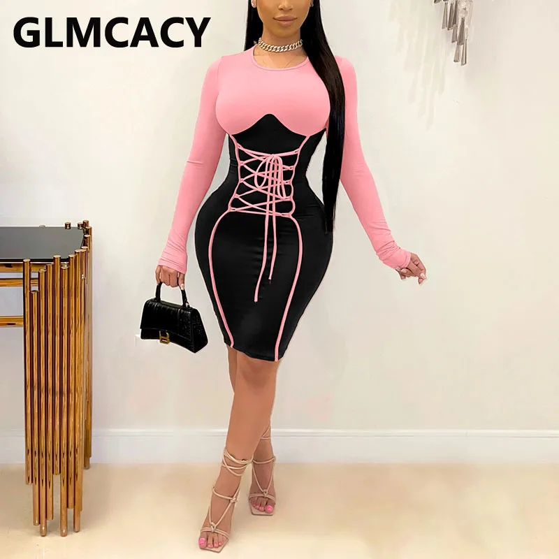 Women Long Sleeve O Neck Casual Lace Up Bodycon Dress Colorblock Mini Dress
Women Long Sleeve O Neck Casual Lace Up Bodycon Dress Colorblock Mini Dress