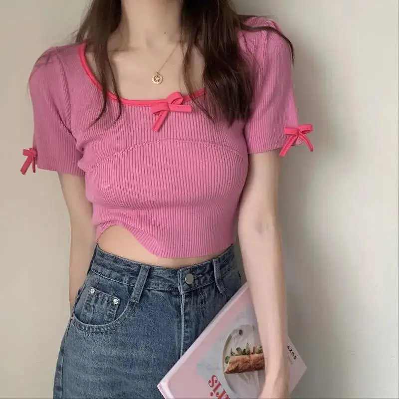 EBAIHUI Women T-shirts Knitting Crop Tops Women Short Sleeve Stretchy Bow Sexy Short T-shirts Solid Color Tops for Women
EBAIHUI Women T-shirts Knitting Crop Tops Women Short Sleeve Stretchy Bow Sexy Short T-shirts Solid Color Tops for Women