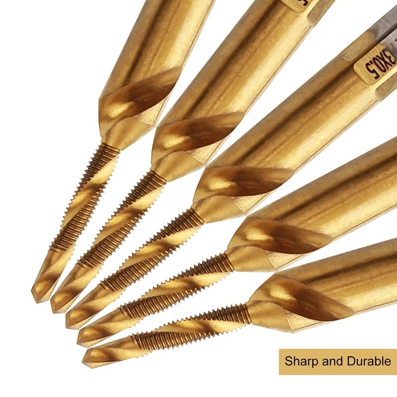 5Pcs Titanium Combination HSS Drill and Tap Set Metric Thread HSS M3 Screw Tapping Bit Tool 1/4Inch Hex Shank
5Pcs Titanium Combination HSS Drill and Tap Set Metric Thread HSS M3 Screw Tapping Bit Tool 1/4Inch Hex Shank
