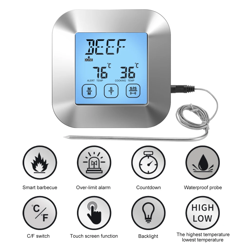 2 Modes LCD Digital Cooking Food Thermometer BBQ Meat Thermometer For Oven Smoker Clock Timer with Stainless Steel Probe
2 Modes LCD Digital Cooking Food Thermometer BBQ Meat Thermometer For Oven Smoker Clock Timer with Stainless Steel Probe