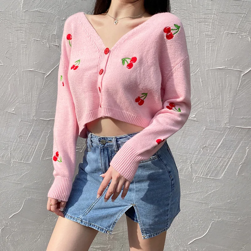 Autumn Cherry Embroider Casual Knitted Sweater Women Chic V Neck Long Sleeve Oversized Cardigan Cute Single Breasted Crop Top
Autumn Cherry Embroider Casual Knitted Sweater Women Chic V Neck Long Sleeve Oversized Cardigan Cute Single Breasted Crop Top