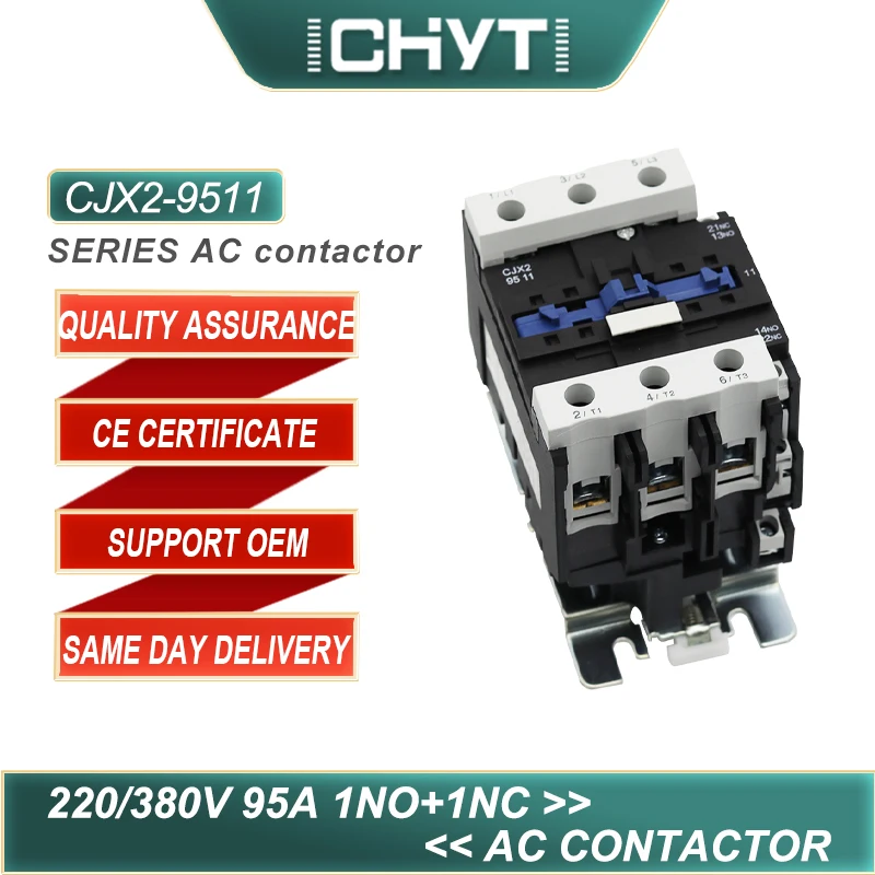 

CHYT CJX2-9511 95A 3 Phase 3-Pole 380V 220V 50/60Hz Din Rail Mounted 3P 1NO+1NC Normal Open Normal Close AC Contactor