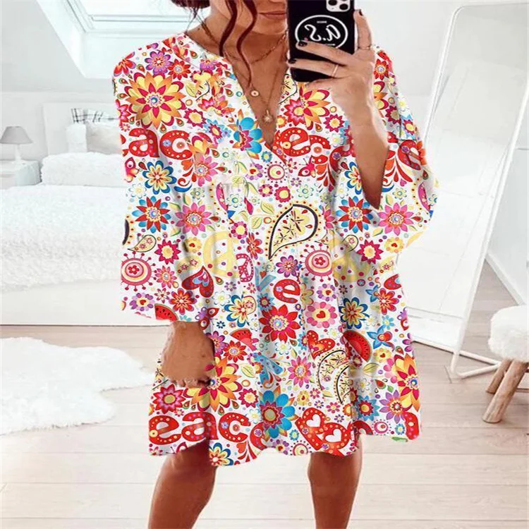 Summer Women Loose Dress Casual Print Ladies Mini Dress Long Flare Sleeve V-neck Plus Size Boho Floral Print Sundress
Summer Women Loose Dress Casual Print Ladies Mini Dress Long Flare Sleeve V-neck Plus Size Boho Floral Print Sundress