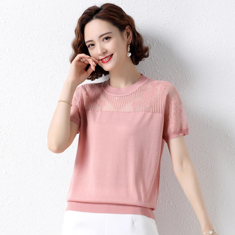 2021 fashion summer plus size women's clothing hollow pattern knitted blouse office short-sleeved T-shirt
2021 fashion summer plus size women's clothing hollow pattern knitted blouse office short-sleeved T-shirt