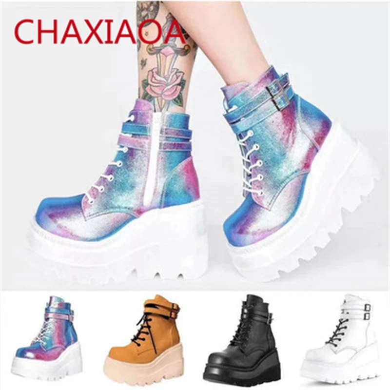 2021 Autumn Winter Women Ankle Boots Rainbow Color Runway Ladies Platform Shoes Wedges High Heels Lace Up Female Martin Boots
2021 Autumn Winter Women Ankle Boots Rainbow Color Runway Ladies Platform Shoes Wedges High Heels Lace Up Female Martin Boots