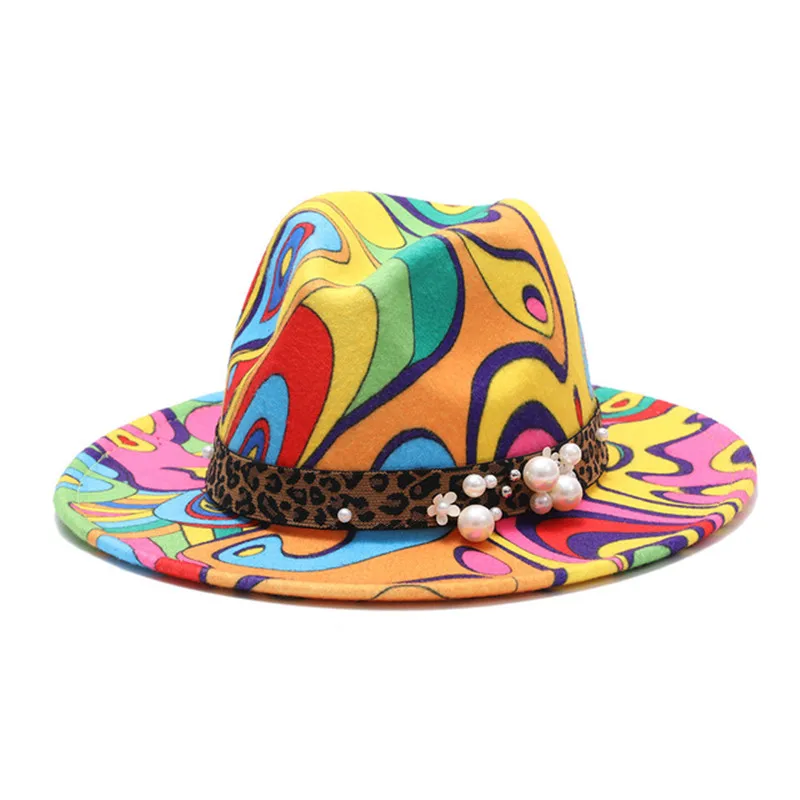 HOT Selling Tie Dyed Leopard Pearl Belt Wide Brim Fedora Panama Hat Special Style Ladies Trilby Gambler Fashion Hat Cowboy Party
HOT Selling Tie Dyed Leopard Pearl Belt Wide Brim Fedora Panama Hat Special Style Ladies Trilby Gambler Fashion Hat Cowboy Party