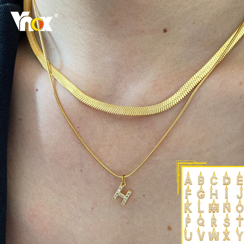 

Vnox Women Gold Tone Initial Chain Choker Necklaces, Multi-Layer Flat Snake Herringbone Figaro Chains,A-Z 26 Alphabets Accessory
