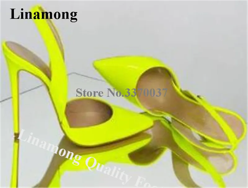 

Linamong Charming Patent Leather Pointed Toe Stiletto Heel Pumps Neon Yellow Rose Pink Slip-on High Heels Big Size Heels