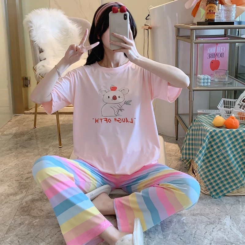 New Style Women Home Wear 2021 Summer Autumn Short Sleeved Women Pajamas Set Long Pant Pyjamas Sets Cotton Leisure Sleepwear Set
New Style Women Home Wear 2021 Summer Autumn Short Sleeved Women Pajamas Set Long Pant Pyjamas Sets Cotton Leisure Sleepwear Set
