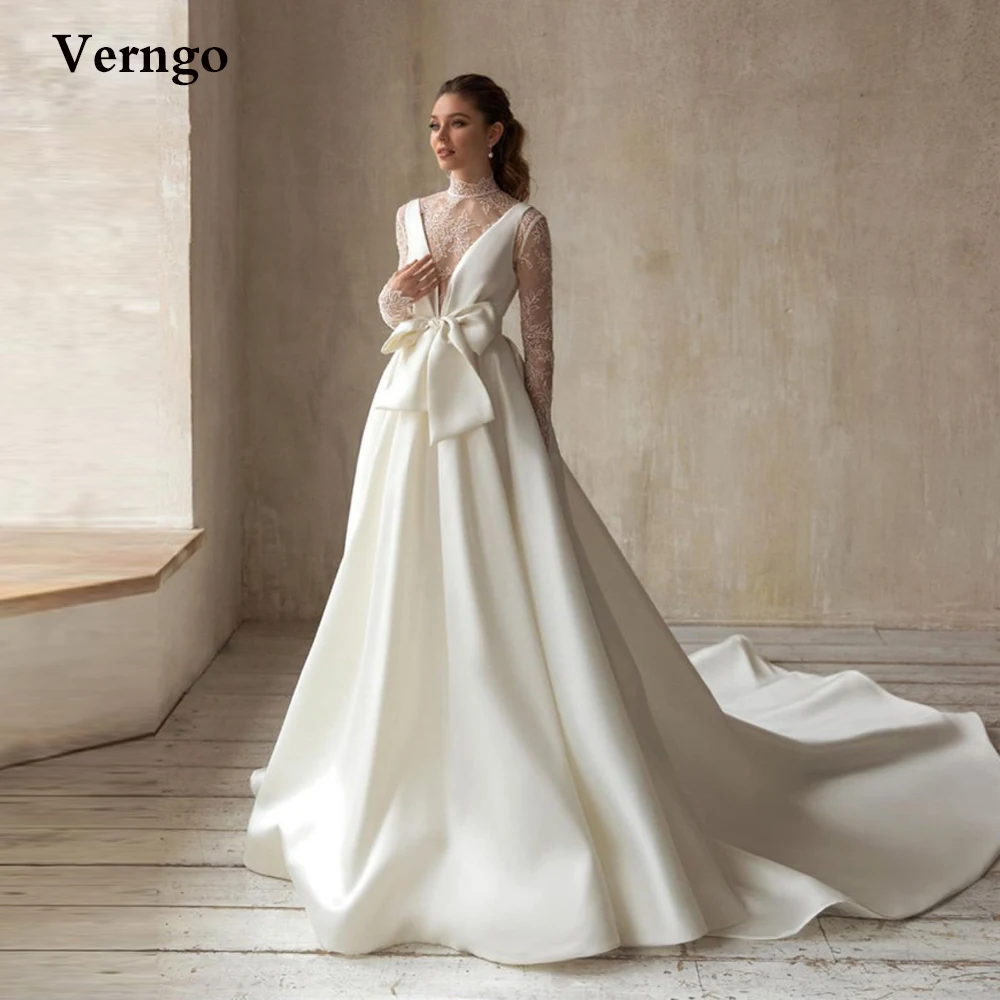 Verngo Elegant High Neck Lace Long Sleeves Wedding Dresses A Line Satin Skirt Bow Waist Korea Bridal Gowns 2022 Vestido de noiva
Verngo Elegant High Neck Lace Long Sleeves Wedding Dresses A Line Satin Skirt Bow Waist Korea Bridal Gowns 2022 Vestido de noiva