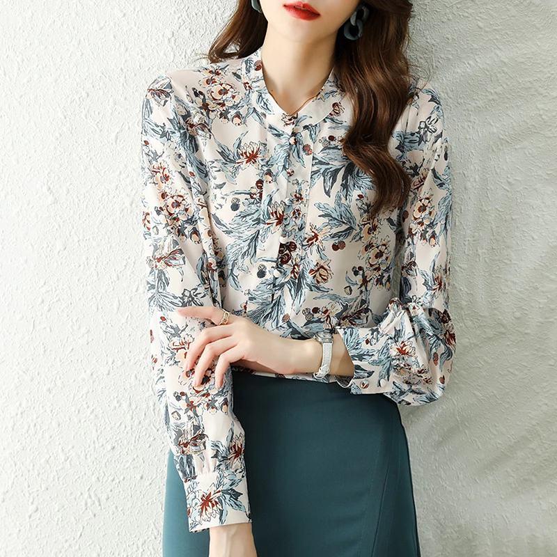

BETHQUENOY Blusas Camisas Mujer Stand Neck Long Sleeve Shirt Top With Buttoned Vintage Printed Chiffon Blouse Woman Clothes 2022