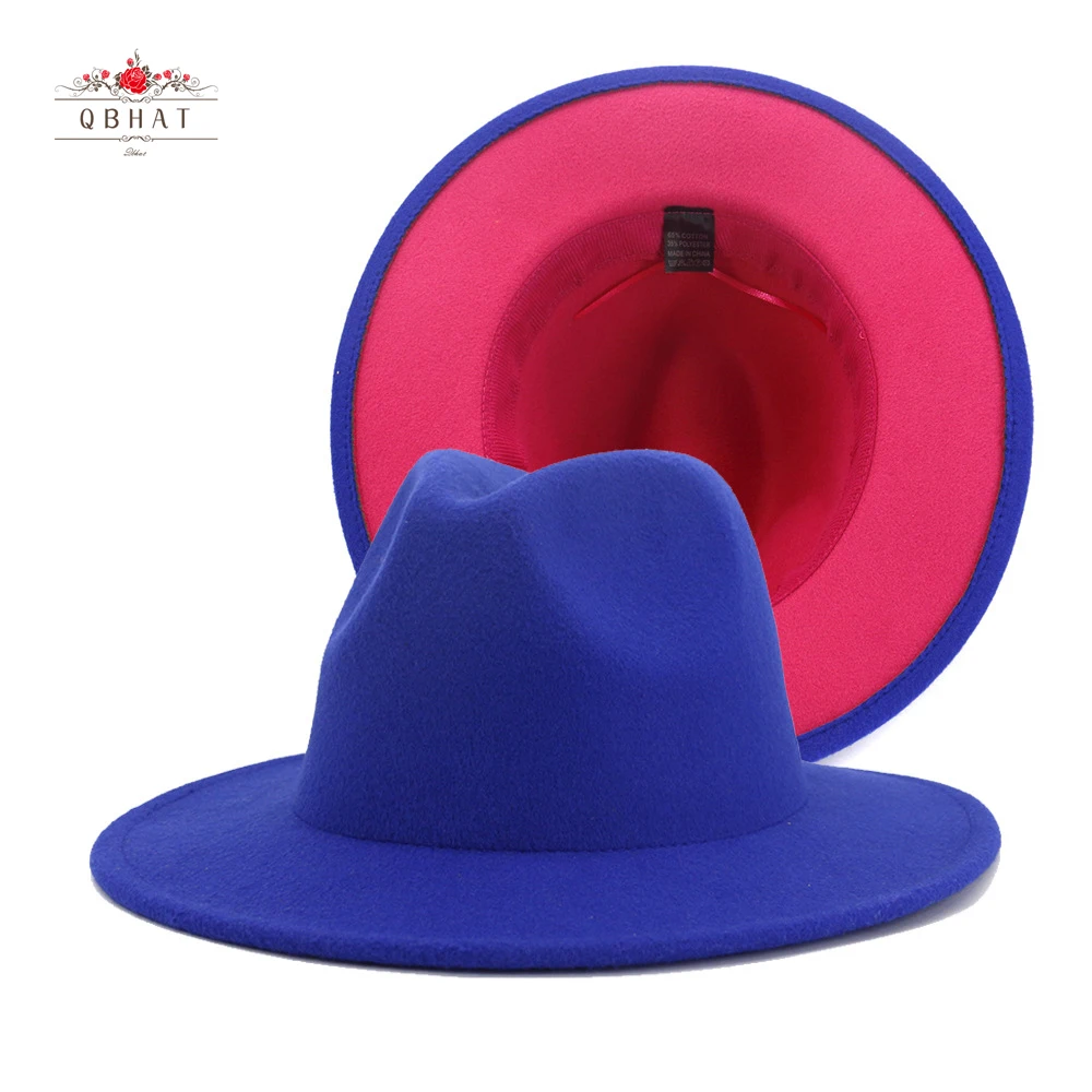 

QBHAT Double-Sided Blue with Hot Pink Bottom Woolen Hat Men Women Wide Brim Panama Jazz Fedora Hats with Felt Band Patchwok Hat