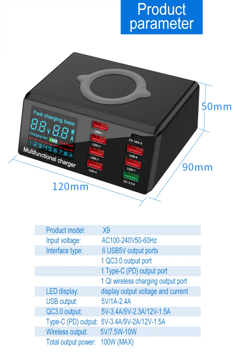 100W Multi-function USB Charger QC3.0 USB A Type C Fast Charger 8 Ports Digital Display Charging Station With Wireless Charger
100W Multi-function USB Charger QC3.0 USB A Type C Fast Charger 8 Ports Digital Display Charging Station With Wireless Charger