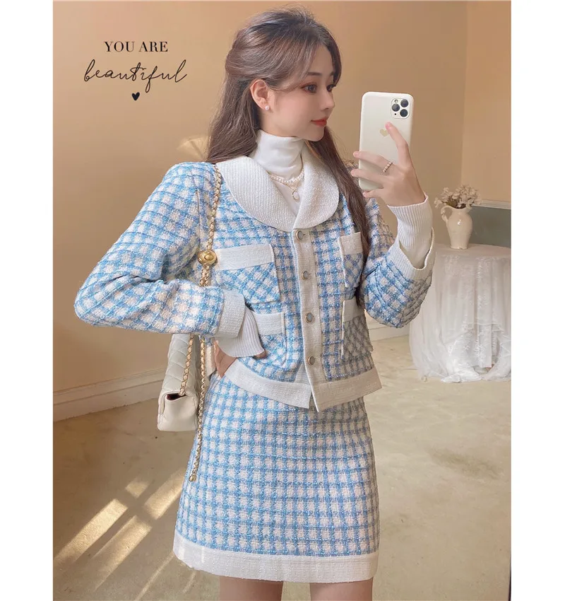 

2021Temperament Fashion Sets Korean Chic Lapel Long Sleeve Blue Plaid Coat Tops Mini High Waist Skirts Autumn Contrast Patchwork