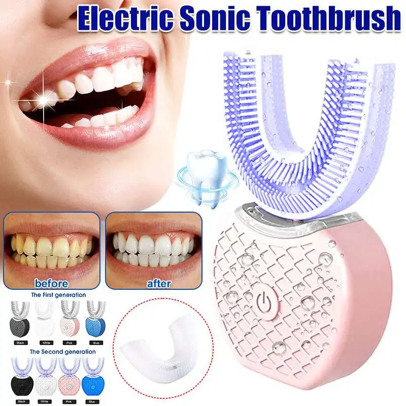 360 Degrees Intelligent Automatic Sonic Electric Toothbrush U Type 3 Modes Tooth Brush USB Charging Tooth Whitening Blue Light
360 Degrees Intelligent Automatic Sonic Electric Toothbrush U Type 3 Modes Tooth Brush USB Charging Tooth Whitening Blue Light