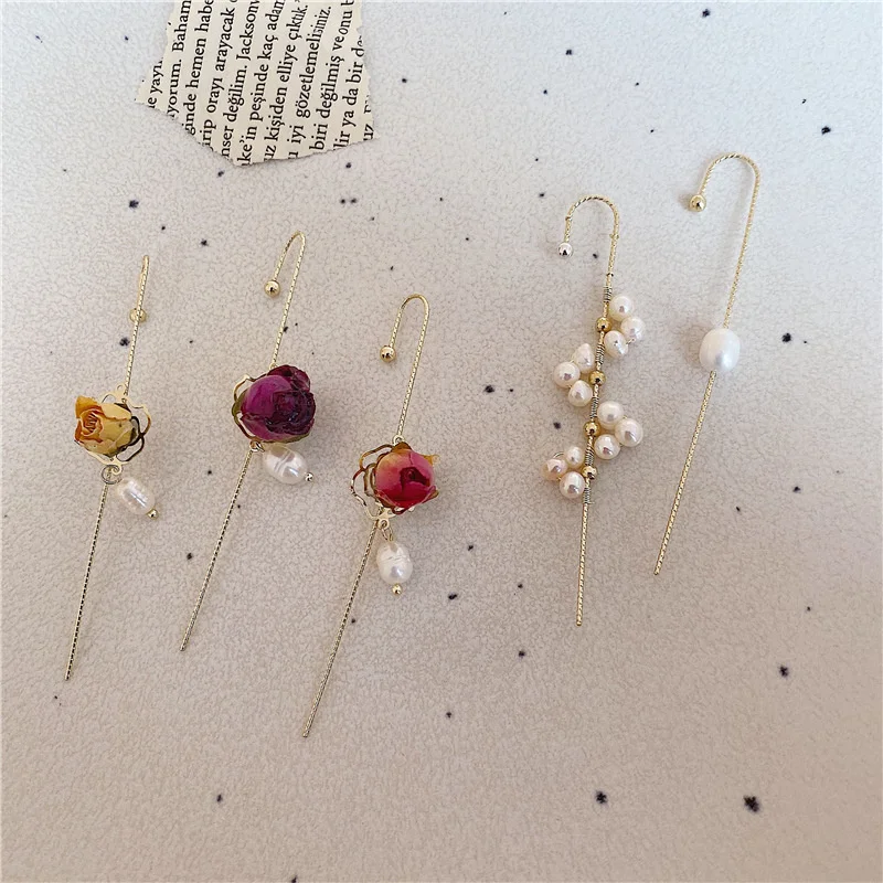 

Clip Pearl Earrings Dried Flower Ear Cuff Piercing real flower Crawler Climber Hook Earrings Classic Piercing Ear Cuff for Women