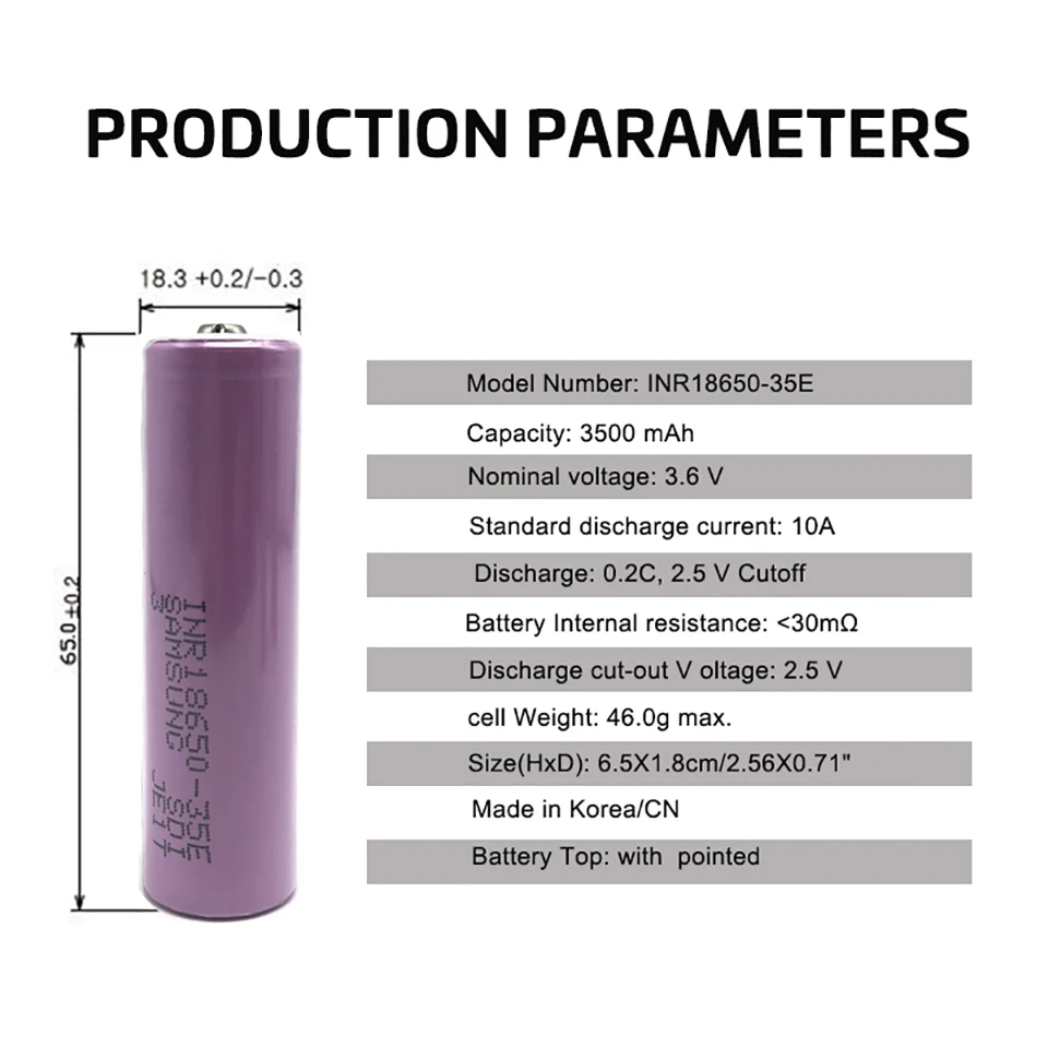 For 18650 3500 mAh 13A Discharge INR18650 35E INR18650-35E 18650 Battery Li-ion 3.7 V Rechargeable Battery Button Upper Battery
For 18650 3500 mAh 13A Discharge INR18650 35E INR18650-35E 18650 Battery Li-ion 3.7 V Rechargeable Battery Button Upper Battery