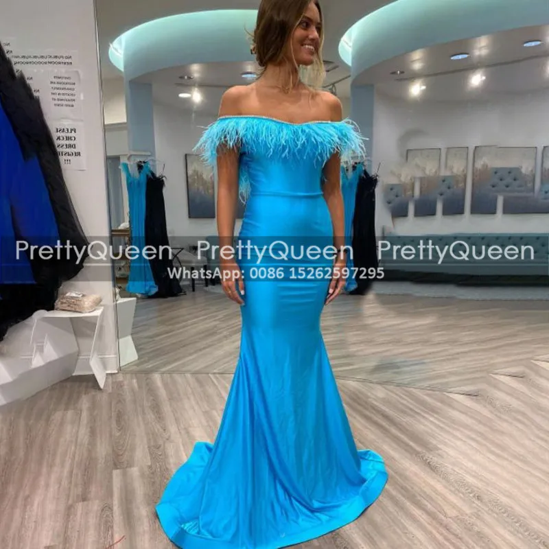 Dark Sky Blue Mermaid Prom Dresses With Feather Off Shoulder Women Long Red Carpet Celebrity Dress Party Gown
Dark Sky Blue Mermaid Prom Dresses With Feather Off Shoulder Women Long Red Carpet Celebrity Dress Party Gown