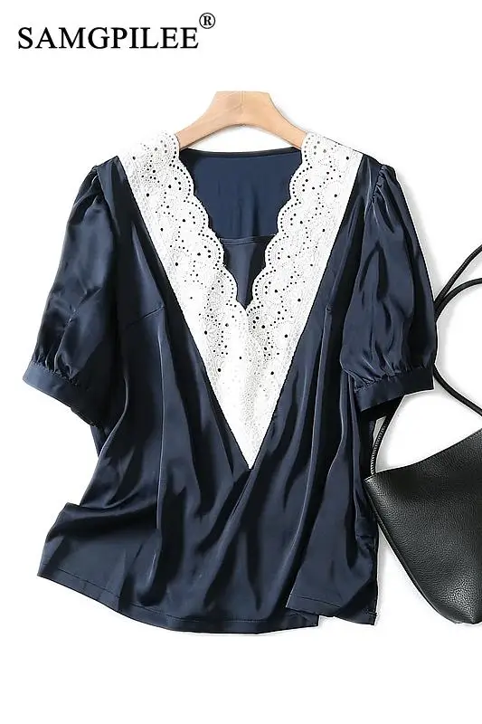 Shirt Summer Women Casual Broadcloth Short Sleeve Lace Patchwork See Through Shirts V-neck Lantern Sleeve Tshirt Oversize Women 
Shirt Summer Women Casual Broadcloth Short Sleeve Lace Patchwork See Through Shirts V-neck Lantern Sleeve Tshirt Oversize Women