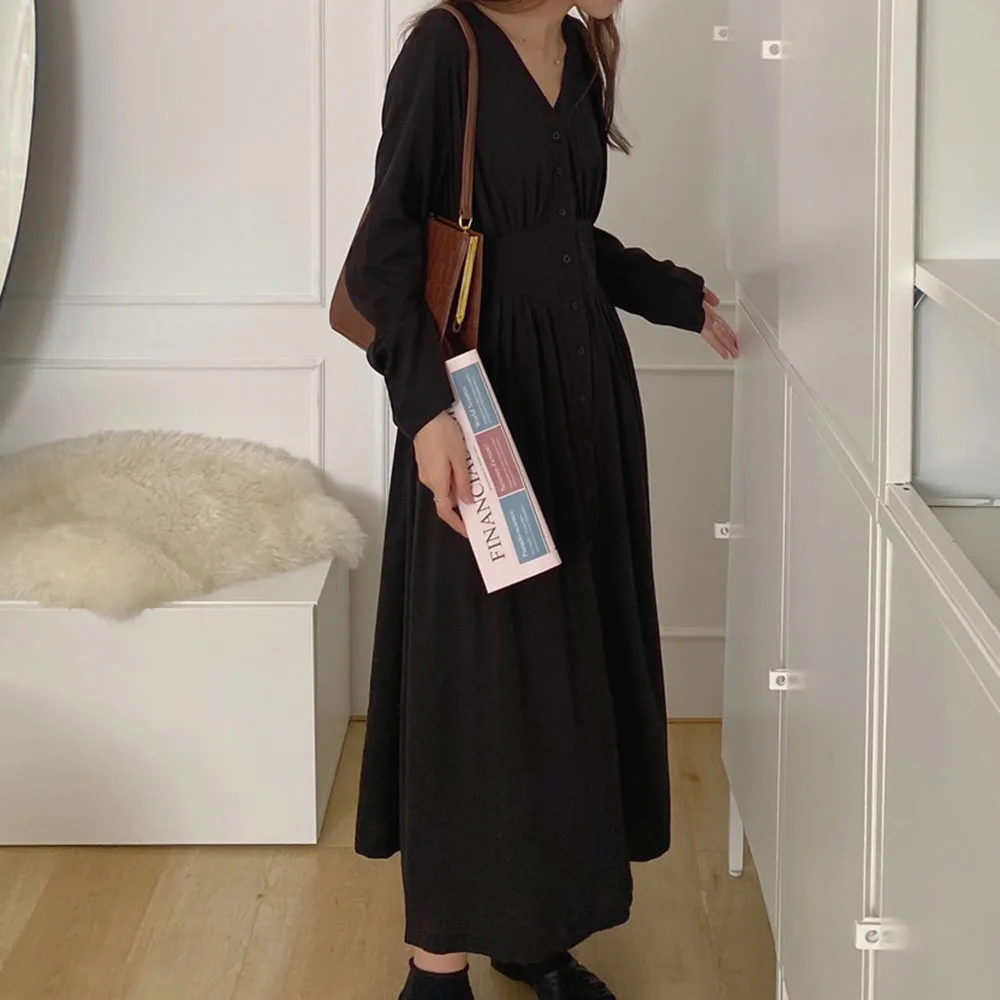 Dress Women Long Sleeve Elegant V Lin Single-breasted Waist Slim Dress Women Spring 2021 Summer Wear Button Dress 
Dress Women Long Sleeve Elegant V Lin Single-breasted Waist Slim Dress Women Spring 2021 Summer Wear Button Dress