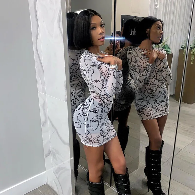 Graphic Print Sheer Mesh Dress Sexy Summer Long Sleeve Bodycon Dress Women See Through Mini Party Night Club Dress
Graphic Print Sheer Mesh Dress Sexy Summer Long Sleeve Bodycon Dress Women See Through Mini Party Night Club Dress