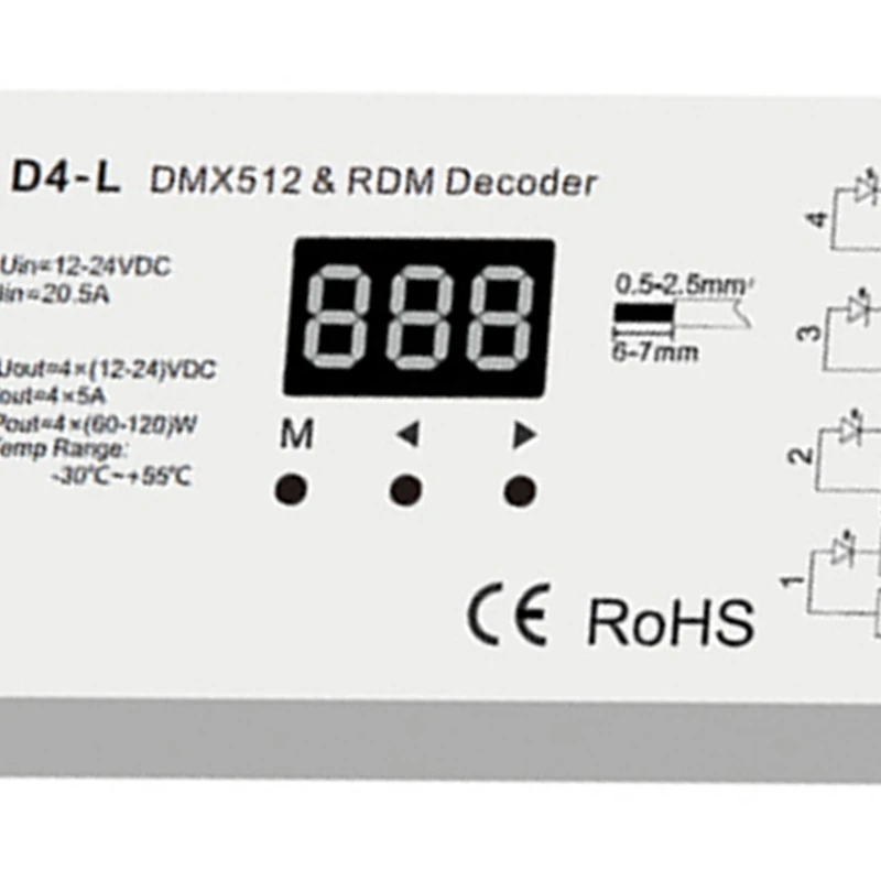 

4CH 5A/CH Constant Voltage DMX512 & RDM Decoder RGBW Controller 4 Channel Dimming Controller 12-24V Output PWM