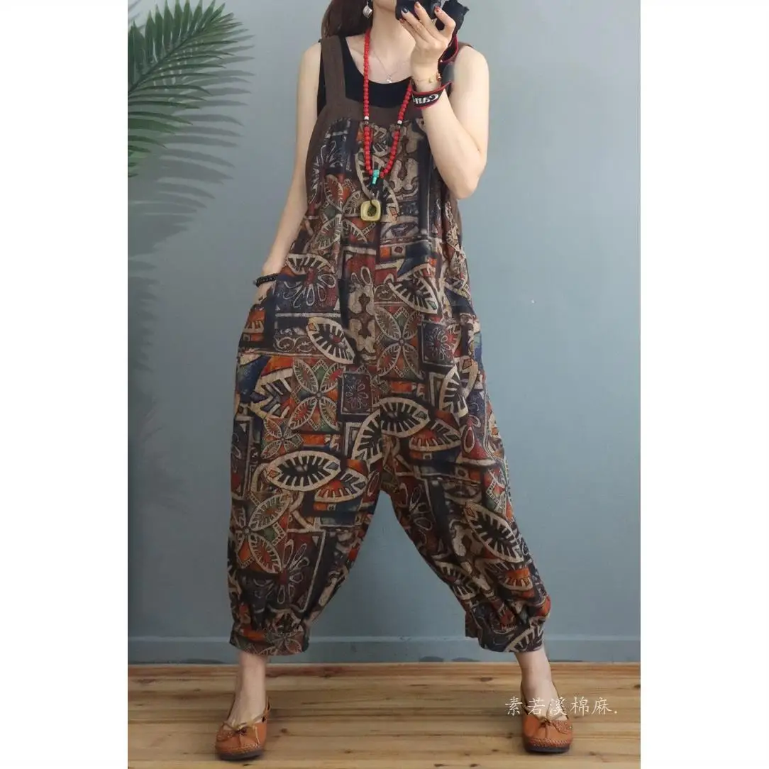 National retro printed cotton and hemp mother's suspenders women's spring and summer loose age reducing Capris western style one
National retro printed cotton and hemp mother's suspenders women's spring and summer loose age reducing Capris western style one