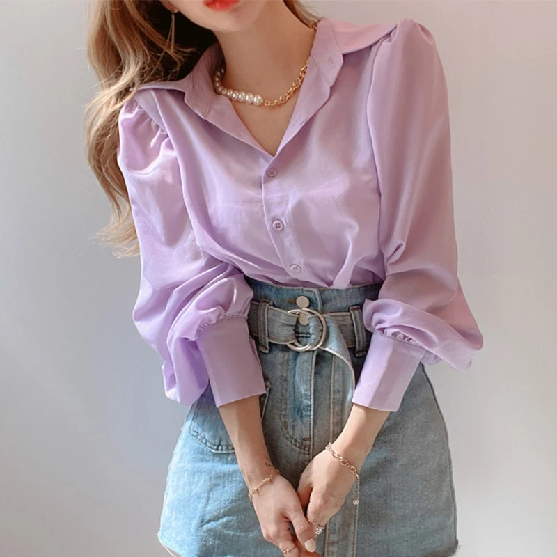 Fashion Skin Slim Lapel Single Breasted Purple Women Blouses 2021 Spring Loose Casual Lantern Sleeve Blue Shirt Top Office Lady
Fashion Skin Slim Lapel Single Breasted Purple Women Blouses 2021 Spring Loose Casual Lantern Sleeve Blue Shirt Top Office Lady