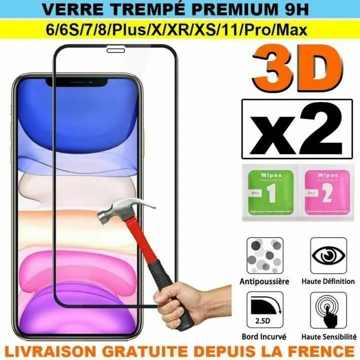 

LOT2 For iPhone 11/X/8/+/7/6 VITRE TREMPE VERRE 3D FILM PROTECTION ECRAN INTEGRAL