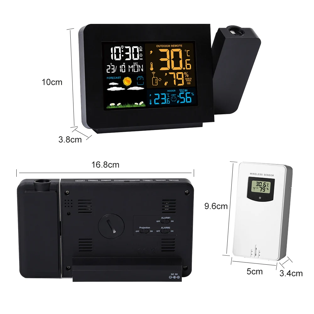 

FanJu Digital Alarm Clock Weather Station LED Temperature Humidity Weather Forecast Snooze Table Clock With Time Projection