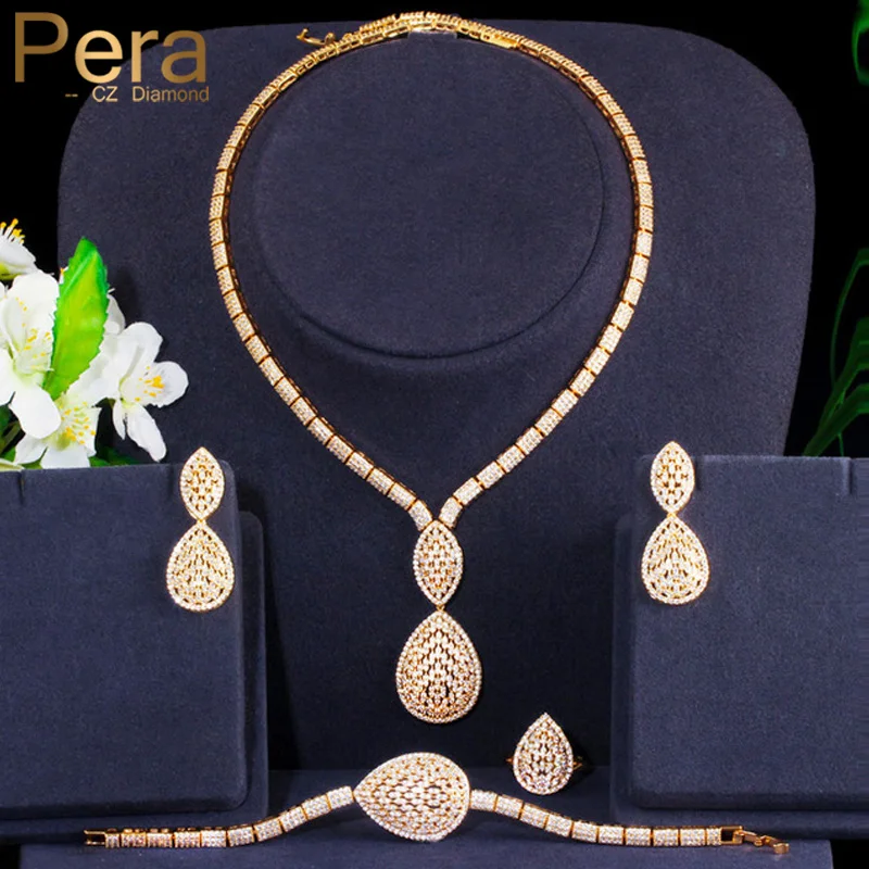 

Pera Noble Bridal Wedding Party 4Pcs CZ Jewerly Set Luxury Gold Color Tear Drop Earrings Necklace Bracelet Ring for Women J351