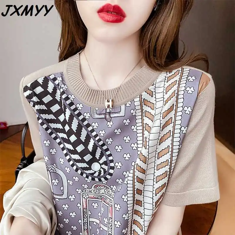 ICCLEK Short-sleeved knitted women's round neck 2021 summer new foreign style printing stitching loose bottoming shirt tren
ICCLEK Short-sleeved knitted women's round neck 2021 summer new foreign style printing stitching loose bottoming shirt tren